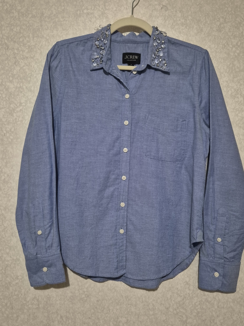 J.Crew Women's Blue Embellished-Collar Button-Up Shirt-Size:8